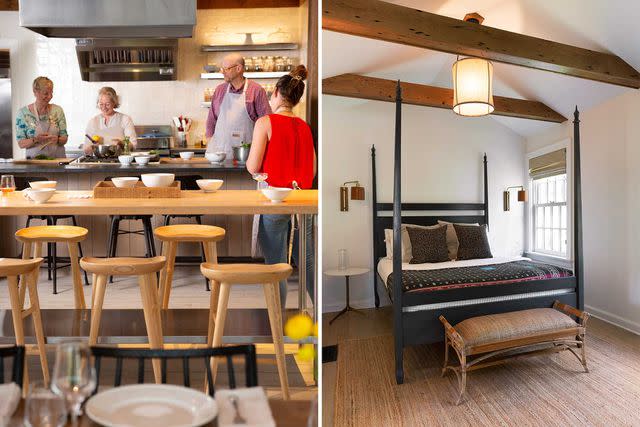 <p>Lisa Vollmer</p> From left: Culinary director Tracy Hayhurst leads a cooking class; a bedroom in the Pergola Apartment, furnished with a mix of modern and French antique pieces.