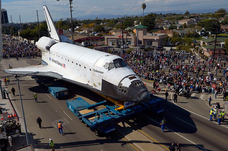 An October 2012 photo shows Space Shuttle Endeavour's journey as it traveled from Los Angeles International Airport across the city to the California Science Center for display.