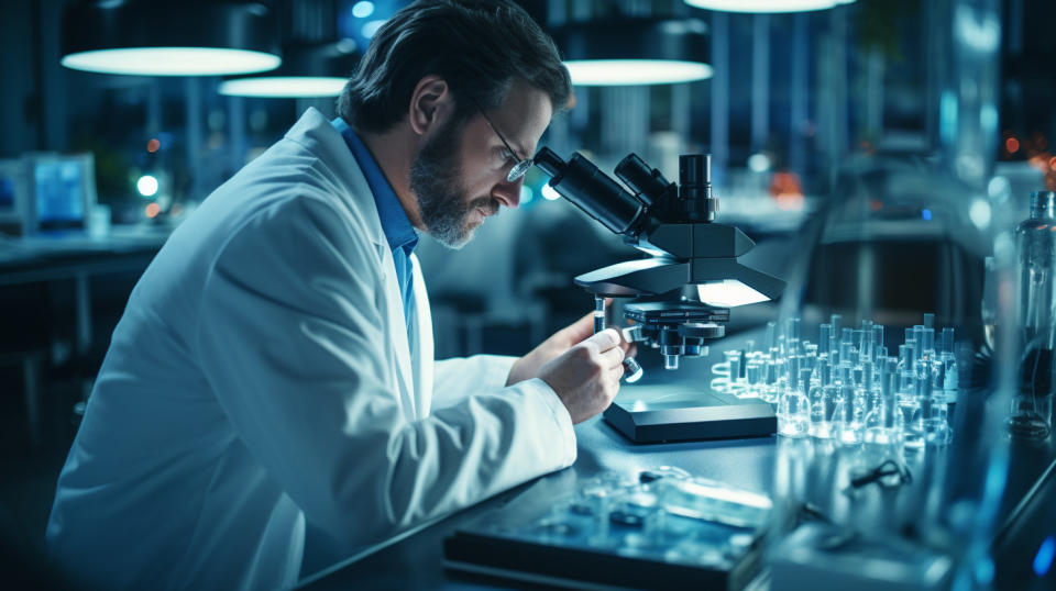 A scientist looking through a microscope examining MUC-1 and Tyrosinase-related Protein 2.