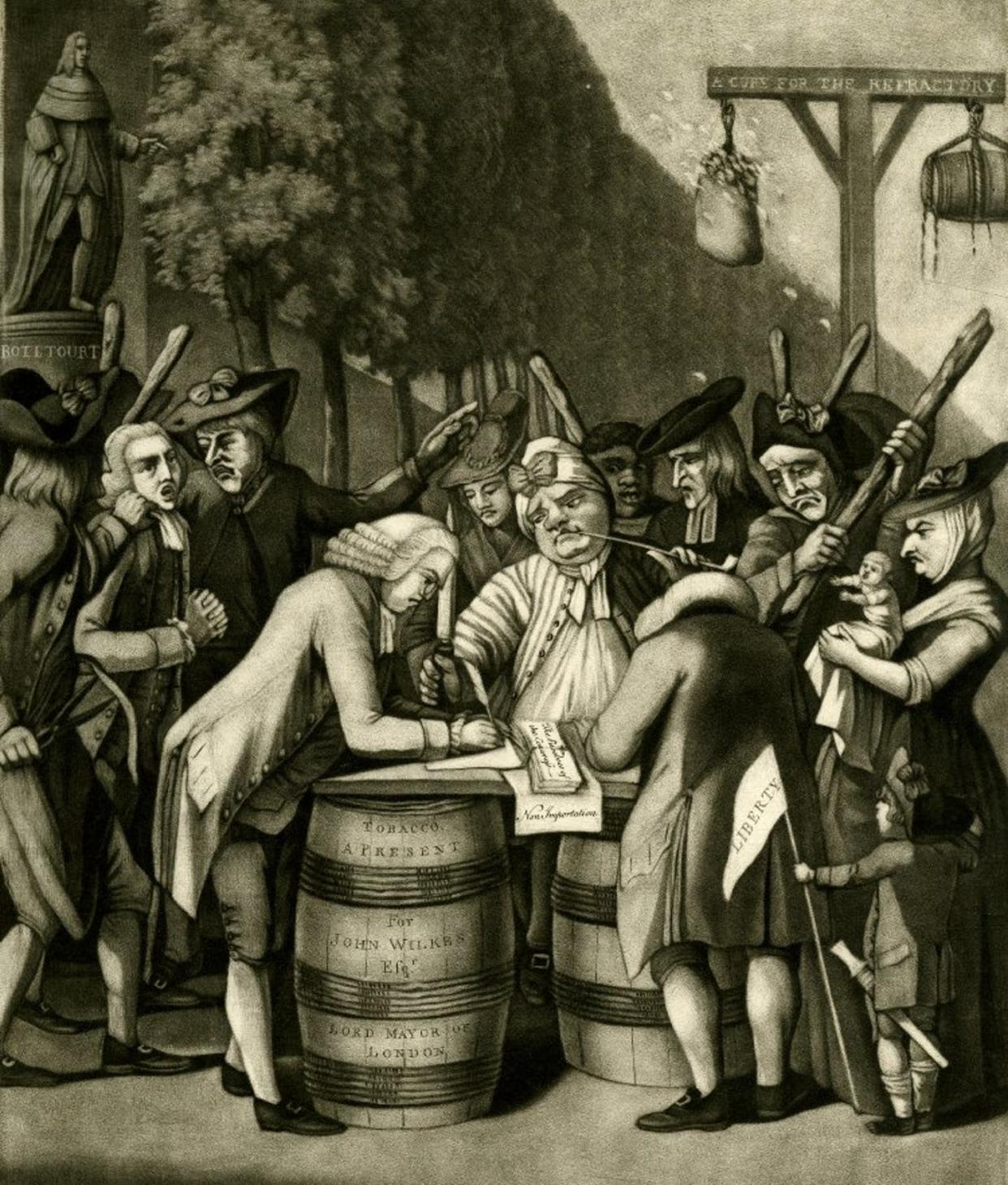 <span class="caption">In a 1775 cartoon, a British cartoonist mocks how wealthy elites were compelled by ordinary Americans to respect trade and price regulations.</span> <span class="attribution"><a class="link " href="https://commons.m.wikimedia.org/wiki/File:The_Alternative_of_Williams-burg_1775.jpg" rel="nofollow noopener" target="_blank" data-ylk="slk:Philip Dawe/Wikimedia Commons;elm:context_link;itc:0;sec:content-canvas">Philip Dawe/Wikimedia Commons</a></span>