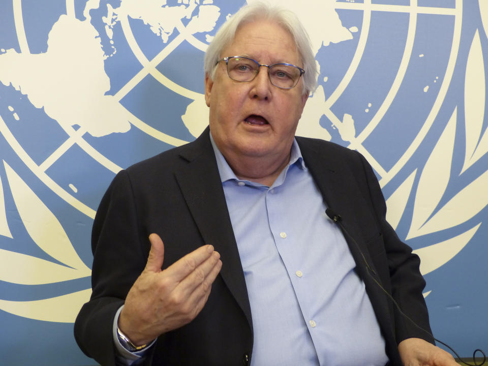 FILE - U.N. humanitarian aid coordinator Martin Griffiths speaks in Geneva, Switzerland, Thursday, May 18, 2023. The U.N. humanitarian aid and refugee agencies appealed Wednesday, Feb. 7, 2024 for $4.1 billion in international support for embattled civilians in Sudan amid signs that some may be dying of starvation after nearly a year of war there between the forces of rival generals. (AP Photo/Jamey Keaten, File)