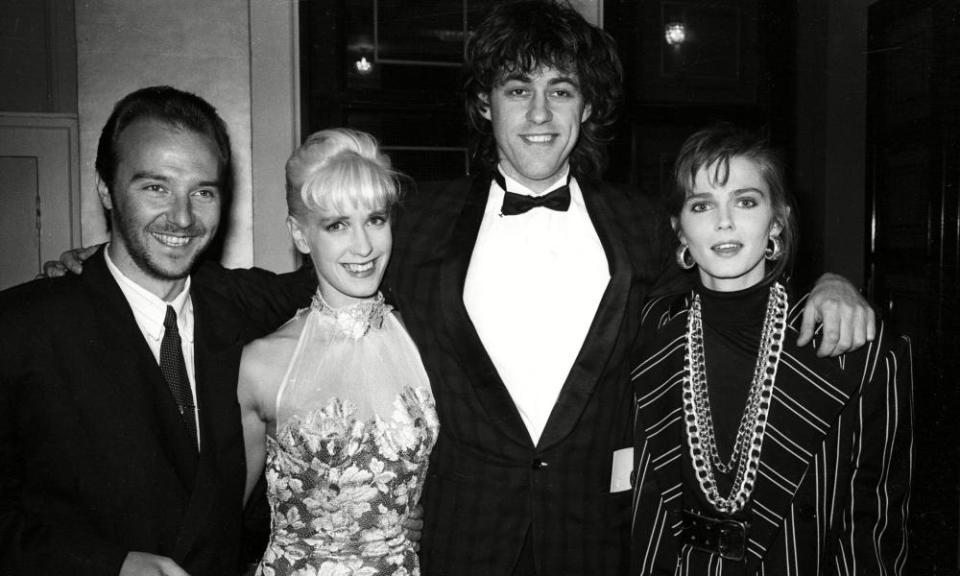 Annabel Giles, right, at the Brit Awards in 1986, with her husband, Midge Ure, left, and Paula Yates and Bob Geldof.