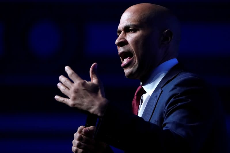 Cory Booker appears on stage at a First in the West Event at the Bellagio Hotel in Las Vegas