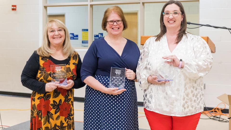 Pam Landis, left, Teresa Cox and Dr. Rebekah Crowe were presented awards from the WBU Alumni Association at Wayland Baptist University's annual Employee Awards Luncheon on April 6.