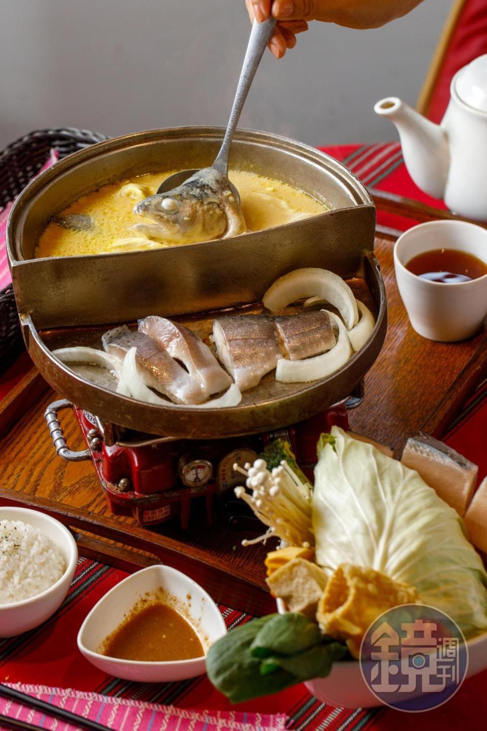 「山泉風味鍋」南瓜牛奶蔬菜口味，山鱒魚火烤兩吃是店內招牌，（465元／份）。