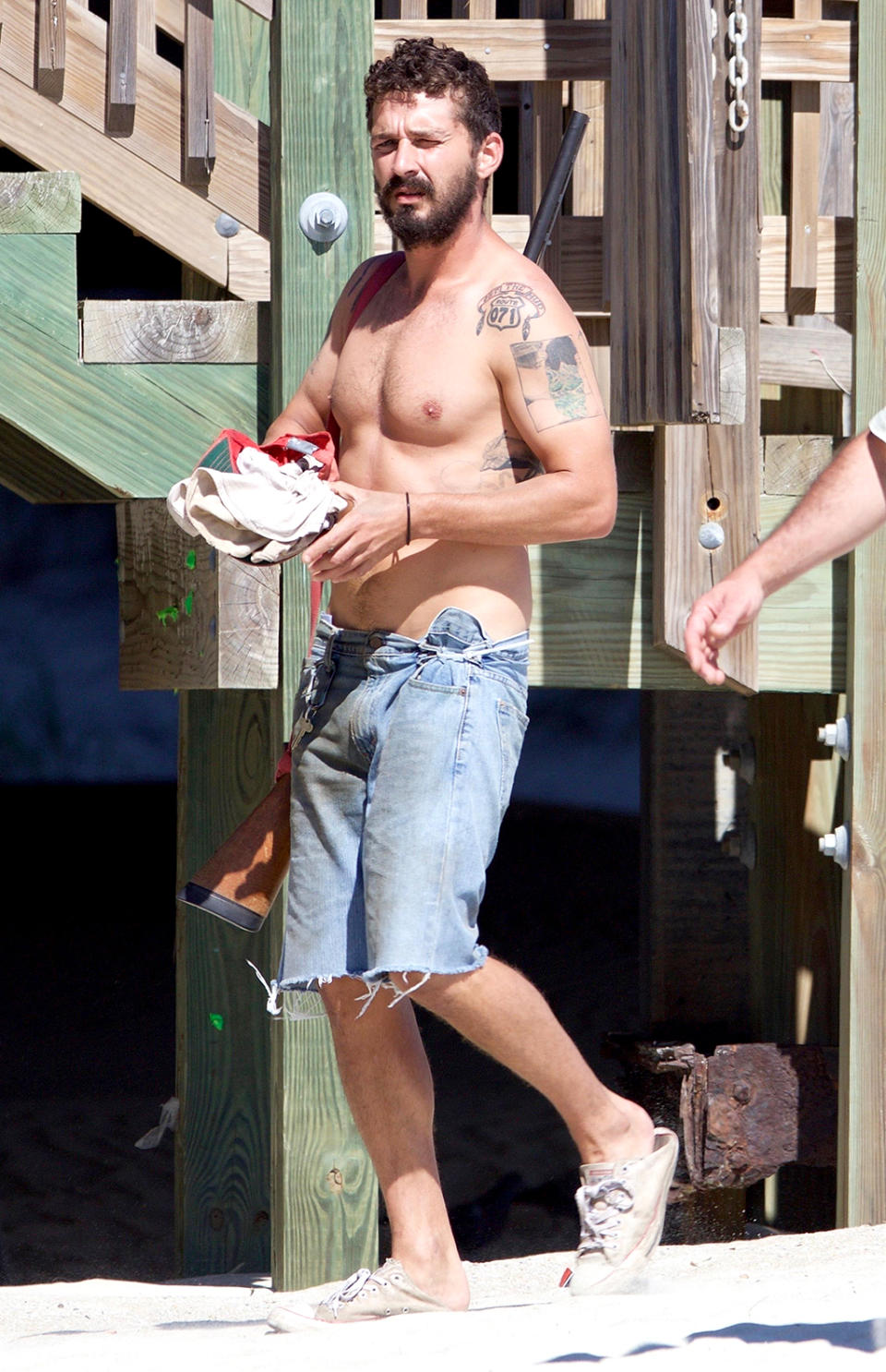 <p>This is what a day of work looks like for LaBeouf, as he films the movie <i>The Peanut Butter Falcon</i> in Tybee Island, Ga. Not too bad of an office, eh? (Photo: BACKGRID) </p>