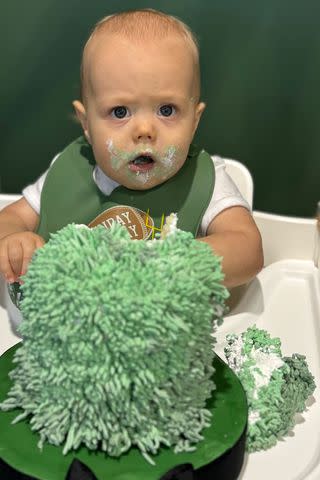 <p>Brittany Mahomes/Instagram</p> Bronze ended up with birthday cake all over his face.