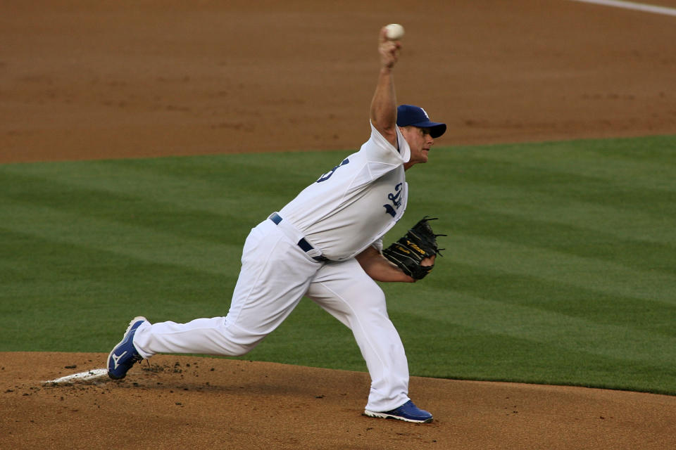 LOS ANGELES, CA - JUNE 16: Chad Billingsley #58 of the Los Angeles Dodgers throws the first pitch of the game against the Chicago White Sox at Dodger Stadium on June 16, 2012 in Los Angeles, California. (Photo by Jeff Golden/Getty Images)