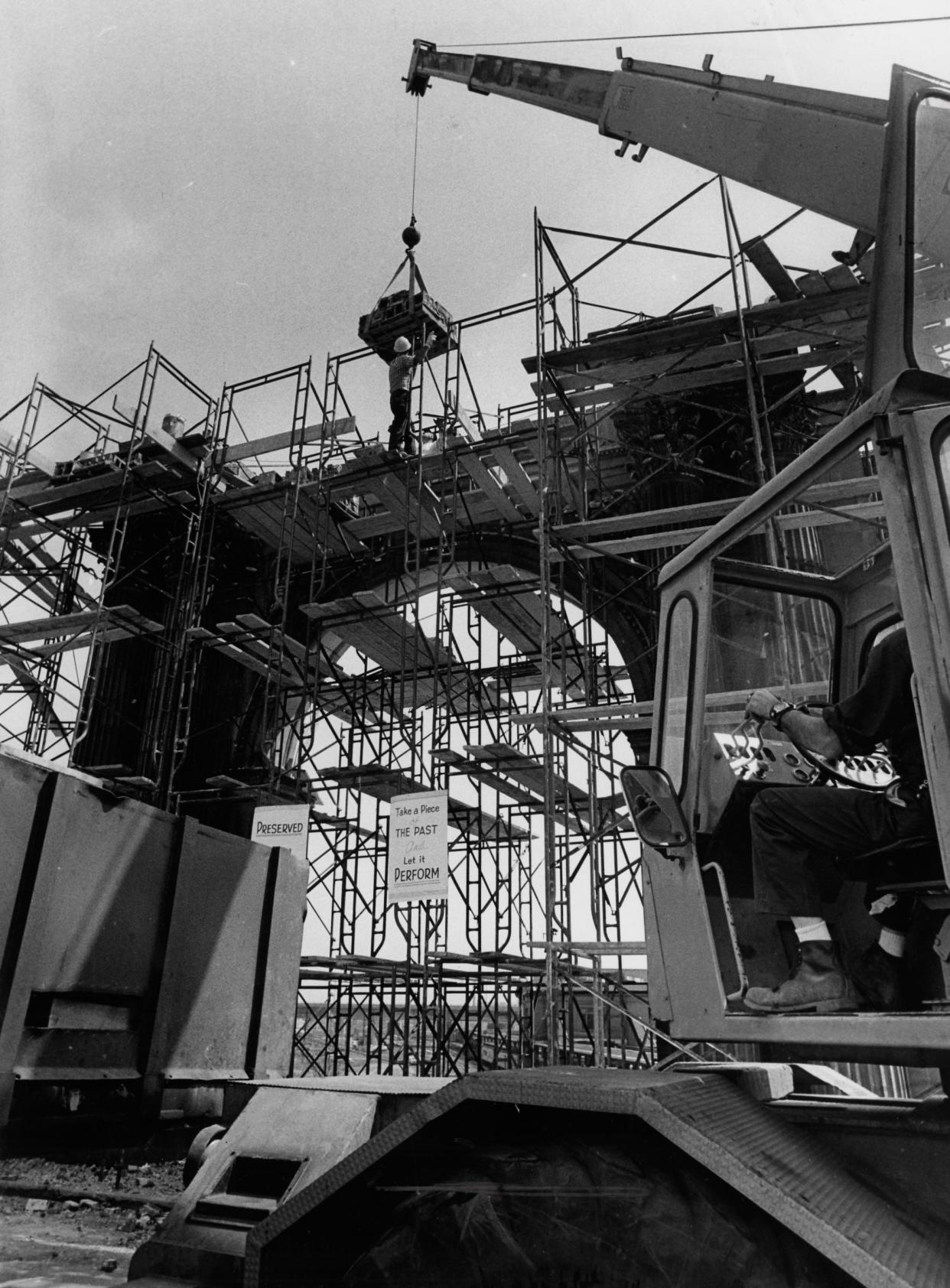 1977 - The Union Station arch, the only remaining part of the Union Station railroad station, is restored in April 1977. It stands in what is now the Short North area, immediately north of downtown on High Street.