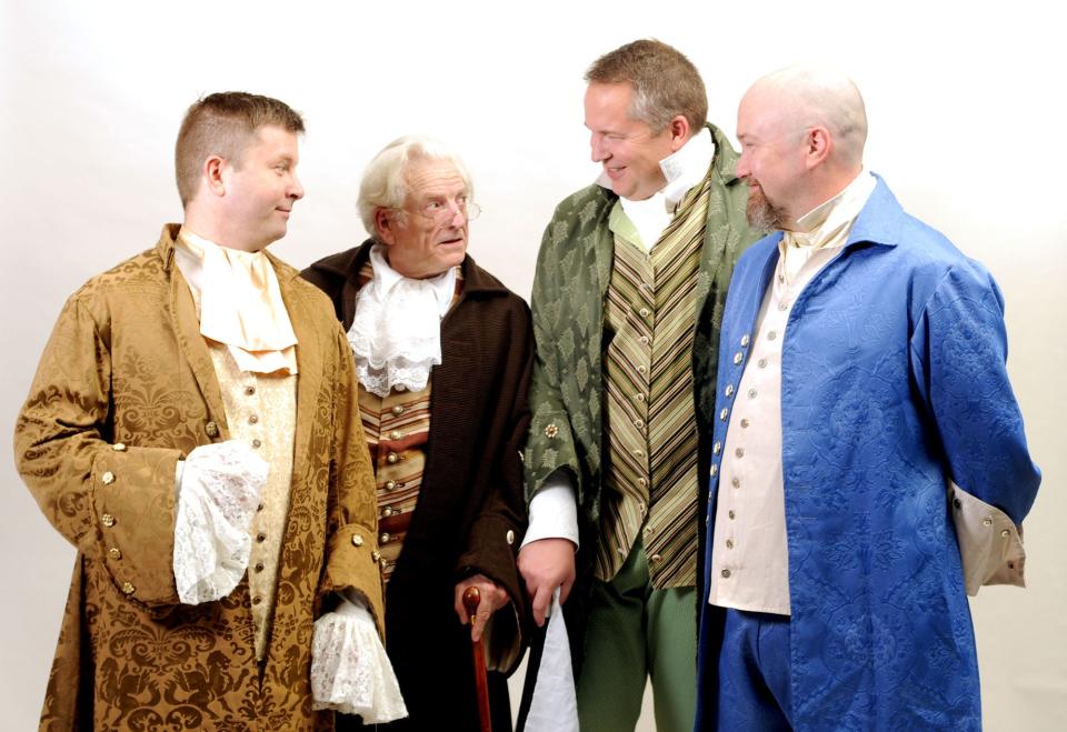 The cast of Opera House Theatre Company's production of "1776" included (from left) Sam Robinson as John Adams, Tony Rivenbark as Benjamin Franklin,  Jeff Phillips as Edwawrd Rutledge and Jason Hatfield as John Dickinson.