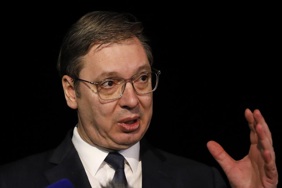 Serbia's President Aleksandar Vucic speaks to the media after the high-level meeting with Kosovo's Prime Minister Albin Kurti, convened by EU High Representative for Foreign Affairs and Security Policy Josep Borrell and EU Special Representative Miroslav Lajcak, at North Macedonia's lakeside resort of Ohrid, on Saturday, March 18. 2023. The talks are a new attempt to ease decades of tensions between the Balkan wartime foes and solve one of Europe's longest standing disputes. (AP Photo/Boris Grdanoski)