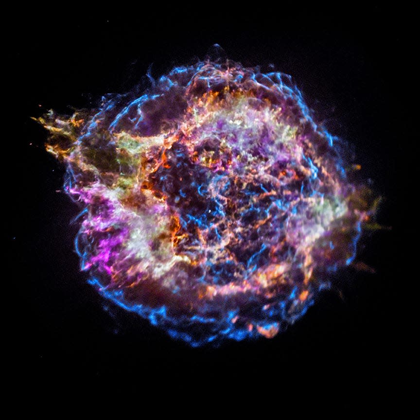 This image from Chandra shows the location of different elements in a supernova remnant, including silicon (red), sulfur (yellow), calcium (green), and iron (purple). Astronomers study supernova remnants to better understand how stars produce and then disseminate many of the elements on Earth and in the cosmos at large.