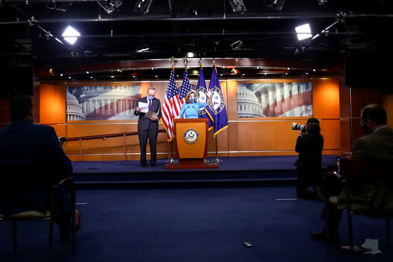 U.S. House Speaker Pelosi and Senate Democratic Leader Schumer speak to reporters during news conference on Capitol Hill in Washington