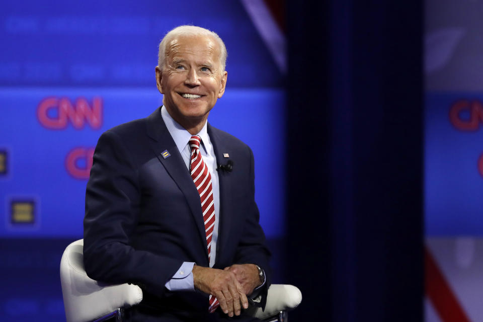 Democratic presidential candidate former Vice President Joe Biden speaks during the Power of our Pride Town Hall Thursday, Oct. 10, 2019, in Los Angeles. The LGBTQ-focused town hall featured nine 2020 Democratic presidential candidates. (AP Photo/Marcio Jose Sanchez)