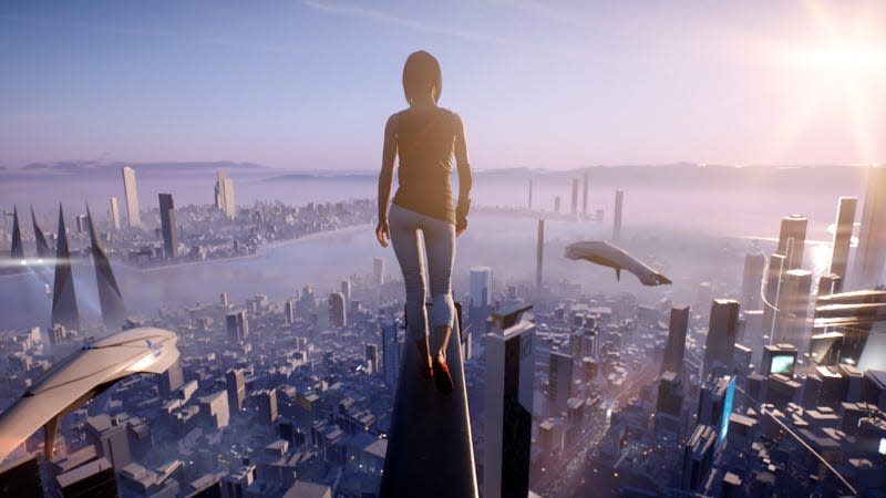 The protagonist of Mirror's Edge walks out on a ledge before a large city.