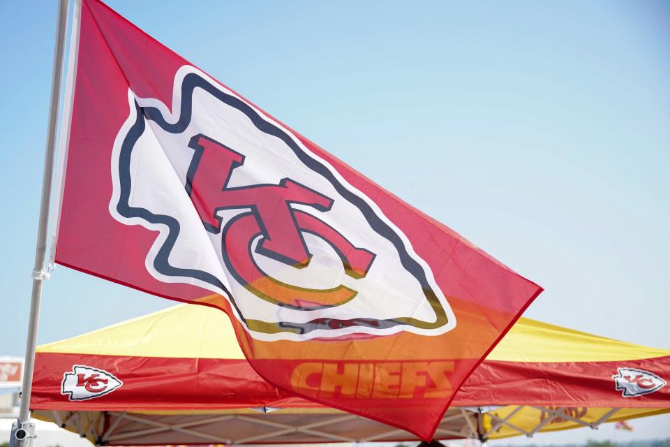 Sep 7, 2023; Kansas City, Missouri, USA; A general view of Kansas City Chiefs flags at a tailgate in the parking lot against the Detroit Lions while tailgating in the parking lot prior to a game at GEHA Field at Arrowhead Stadium. Mandatory Credit: Denny Medley-USA TODAY Sports