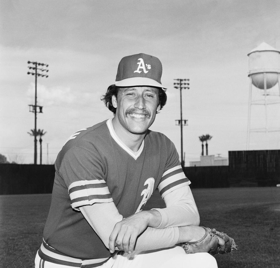 FILE - Oakland A's pitcher Ken Holtzman poses for a photo in March 1975. Holtzman, who pitched two no-hitters for the Chicago Cubs and helped the Oakland Athletics win three straight World Series championships in the 1970s, has died, the Cubs announced Monday April 15, 2024, on social media. (AP Photo/Robert H. Houston, File)