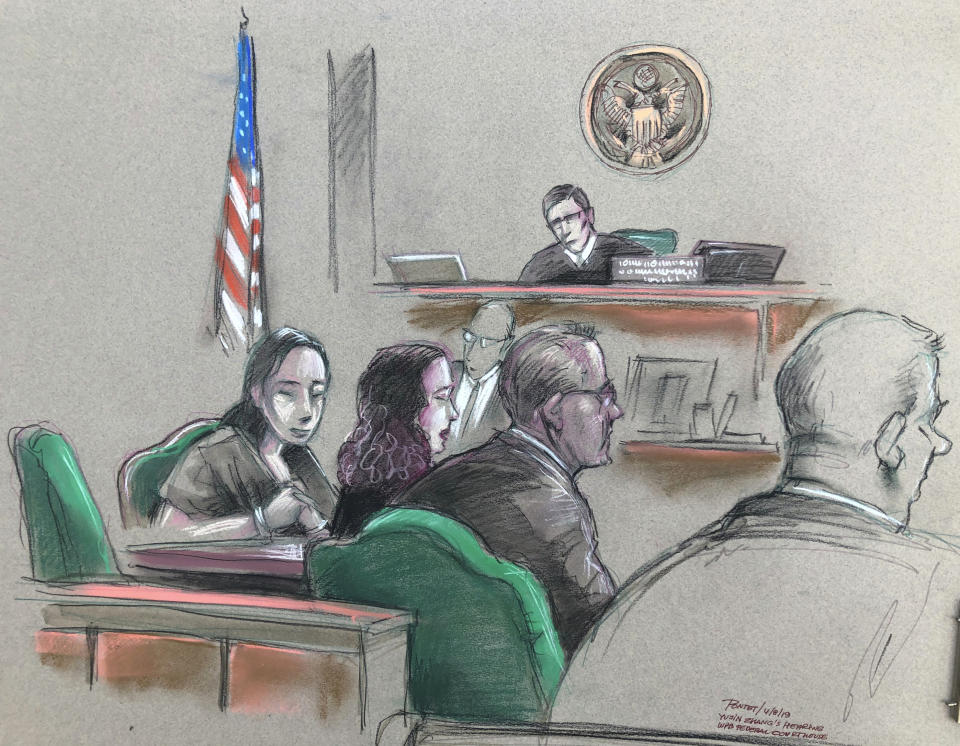 In this artist sketch, a Chinese woman, Yujing Zhang, left, listens to a hearing Monday, April 8, 2019, before federal Magistrate Judge William Matthewman in West Palm Beach, Fla. Secret Service agents arrested the 32-year-old woman March 30 after they say she gained admission by falsely telling a checkpoint she was a member and was going to swim. (Daniel Pontet via AP)