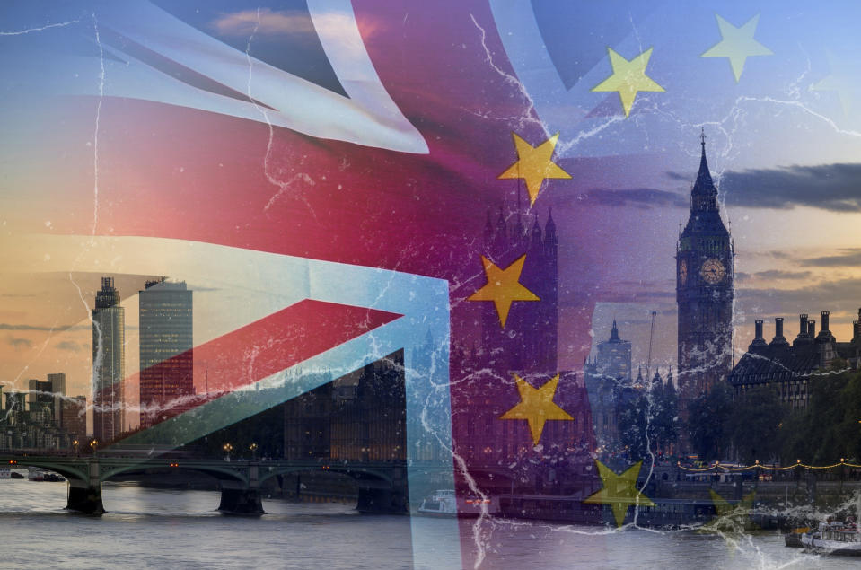 No Deal Brexit concept image of cracks over image of London with UK and EU flags in image