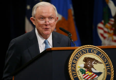 Former U.S. Attorney General Jeff Sessions speaks about Deputy Attorney General Rod Rosenstein during a farewell ceremony for Rosenstein at the U.S. Department of Justice in Washington, U.S., May 9, 2019. REUTERS/Leah Millis