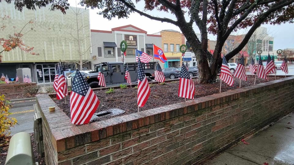 On Veterans Day, the Hendersonville Rotary Club placed 300 American flags in the planters located on Main Street.