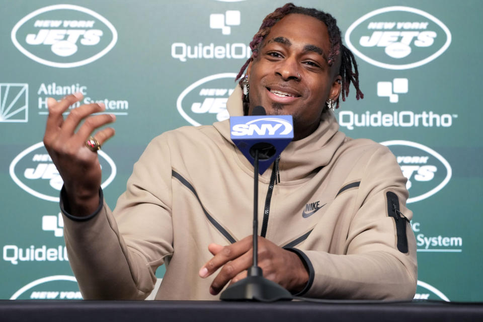 New York Jets draft pick Will McDonald IV speaks to reporters during a news conference at the NFL football team's training facility Friday, April 28, 2023, in Florham Park, N.J. (AP Photo/Mary Altaffer)