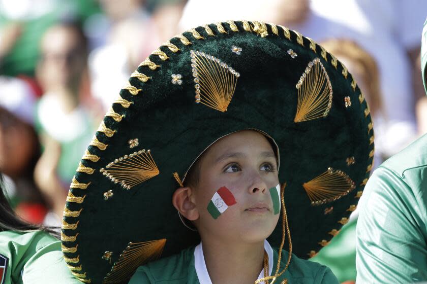 A fan wearing a Mexican charro hat waits for the beginnings of a Copa America Centenario quarterfinal soccer match between Mexico and Chile at Levi's Stadium in Santa Clara, Calif., Saturday, June 18, 2016. (AP Photo/ Marcio Jose Sanchez)