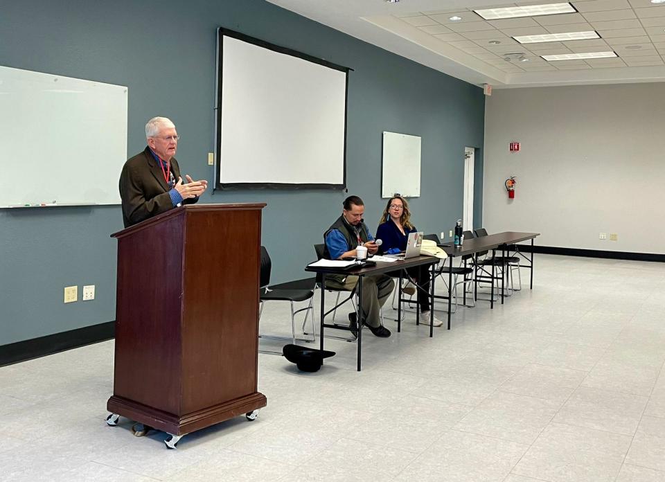 Ed Curry, Cochise County farmer and president of Curry Seed and Chile Company, speaks at the panel "The future of water, crops and markets in Arizona" at a farmer-led event held on Douglas on March 2, 2024.