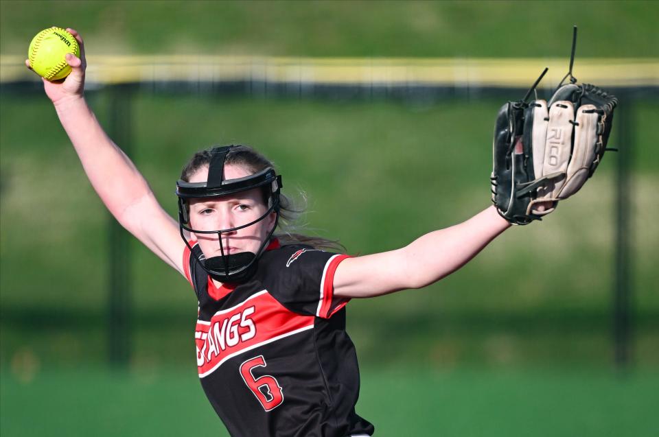 Edgewood’s Ally Bland winds up to throw a pitch during the softball game at Bloomington South on Tuesday, April 2, 2024.