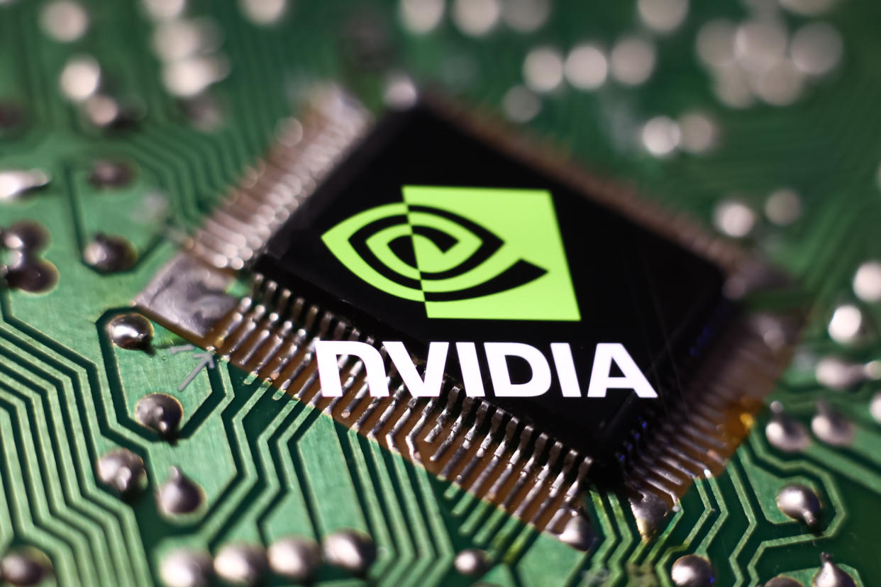 Microchip and Nvidia logo displayed on a phone screen are seen in this multiple exposure illustration photo taken in Krakow, Poland on April 10, 2023. (Photo by Jakub Porzycki/NurPhoto via Getty Images)