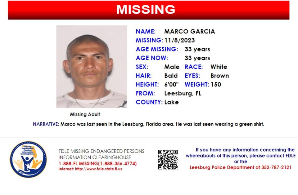 Marco Garcia was last seen in the Leesburg area on Nov. 8, 2023.