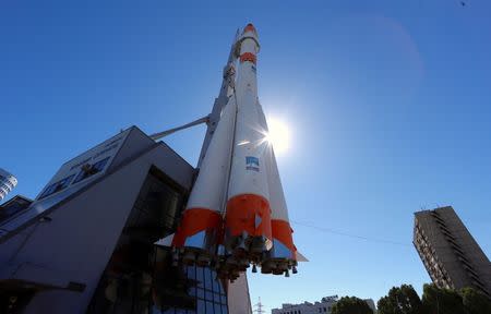 A Russian rocket is displayed above the main entrance of the Samara Space Museum in Samara, Russia, June 22, 2018. REUTERS/David Gray