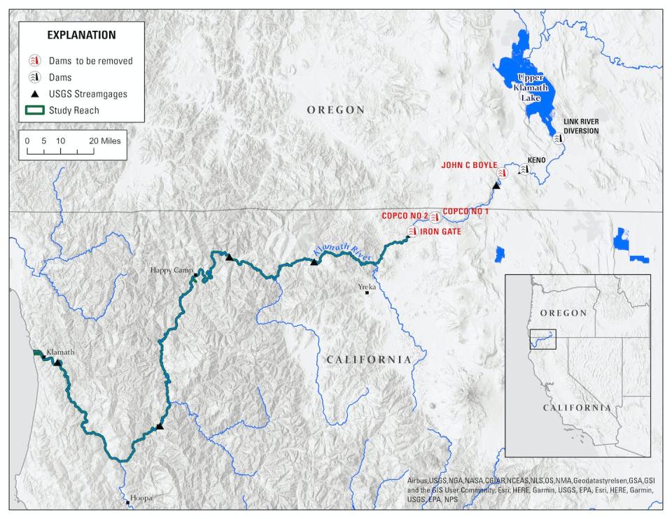 Four hydropower dams on the Klamath River are being removed to restore habitat for endangered salmon. <a href="https://www.usgs.gov/media/images/study-reach-klamath-river-dam-removal-sediment-study" rel="nofollow noopener" target="_blank" data-ylk="slk:USGS;elm:context_link;itc:0;sec:content-canvas" class="link ">USGS</a>