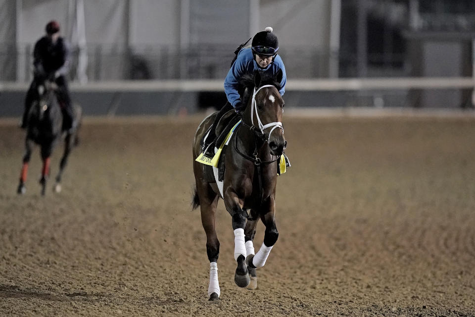 Kentucky Derby entrant Mo Donegal works out at Churchill Downs Thursday, May 5, 2022, in Louisville, Ky. The 148th running of the Kentucky Derby is scheduled for Saturday, May 7. (AP Photo/Charlie Riedel)