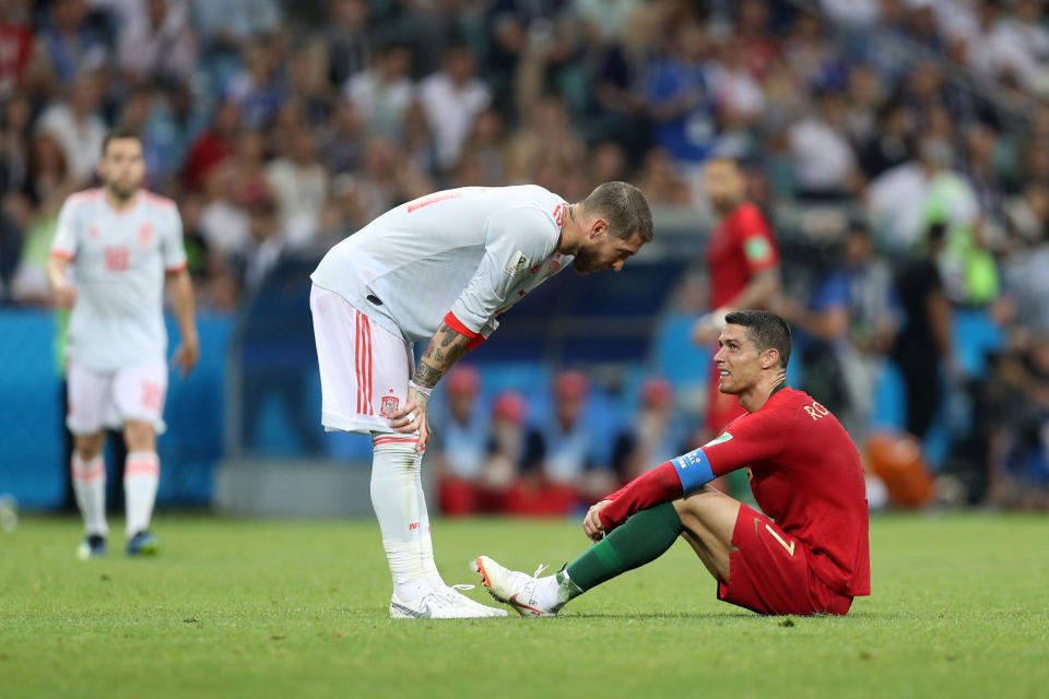 Sergio Ramos and Spain held on for a draw against Cristiano Ronaldo and Portugal. (Getty)