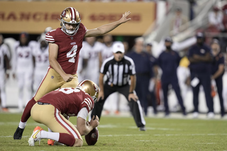 San Francisco 49ers place kicker Jake Moody (4) kicks the go ahead field goal from the hold of Mitch Wishnowsky during the second half of an NFL preseason football game against the Denver Broncos in Santa Clara, Calif., Saturday, Aug. 19, 2023. (AP Photo/Godofredo A. Vásquez)