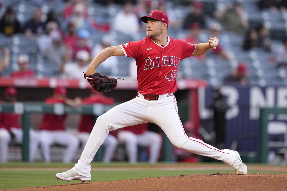 Los Angeles Angels starting pitcher Reid Detmers throws to the plate during the first inning of a baseball game against the Kansas City Royals Thursday, May 9, 2024, in Anaheim, Calif. (AP Photo/Mark J. Terrill)