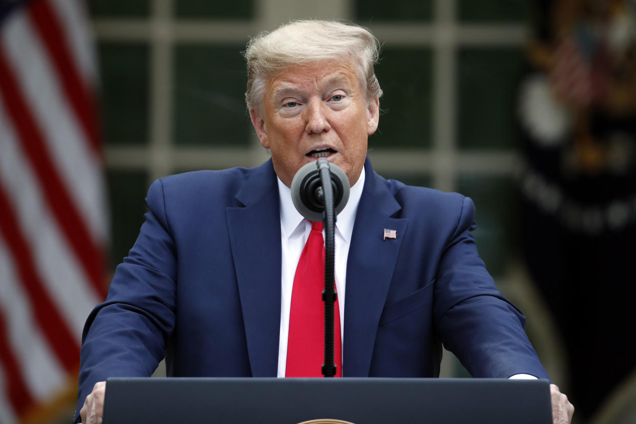 President Donald Trump speaks about the coronavirus in the Rose Garden of the White House, Tuesday, April 14, 2020, in Washington. (AP Photo/Alex Brandon)