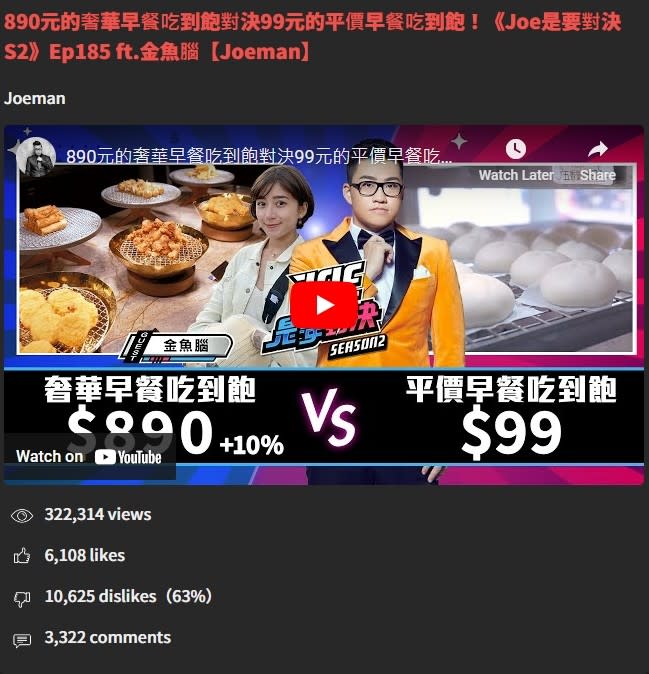 <cite>Joeman新片曝光短短14小時就倒讚破萬。（圖／翻攝自YouTube Dislike Viewer）</cite>