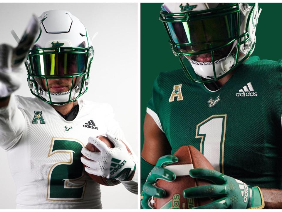 A side-by-side shows USF football players posing in white and green jerseys.