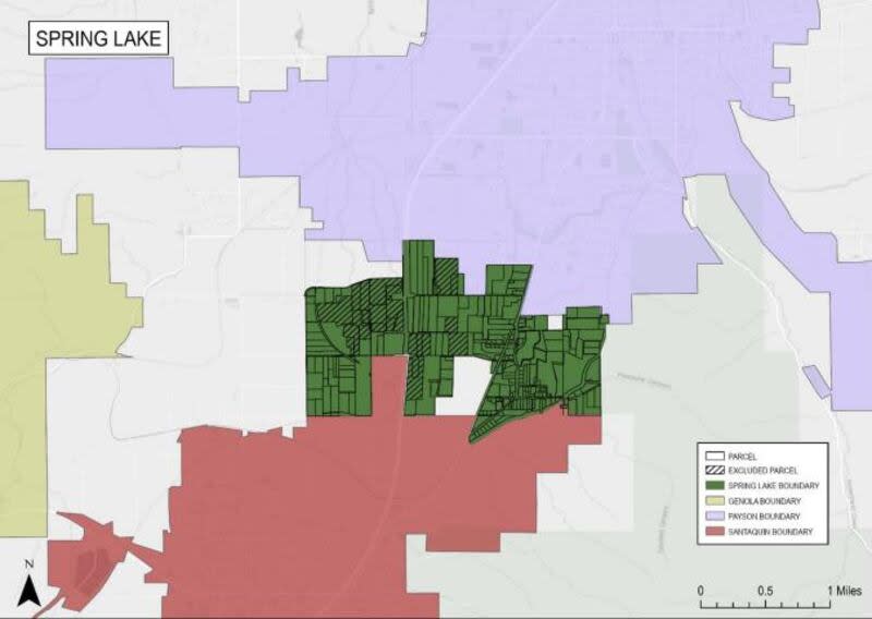 Residents of Spring Lake, a proposed new city in Utah County shown in green on a map, will vote on a ballot item in the election ending Nov. 5 on whether to incorporate the area. | Office of the Lieutenant Governor of Utah