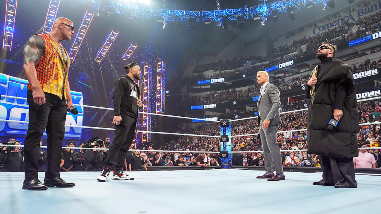 The Rock, Roman Reigns, Cody Rhodes and Seth Rollins. (Courtesy WWE)
