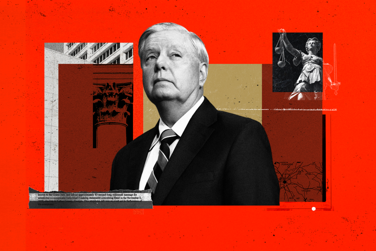 A photo illustration shows Senator Lindsey Graham, a column as from a courthouse, and a statue of Lady Justice.