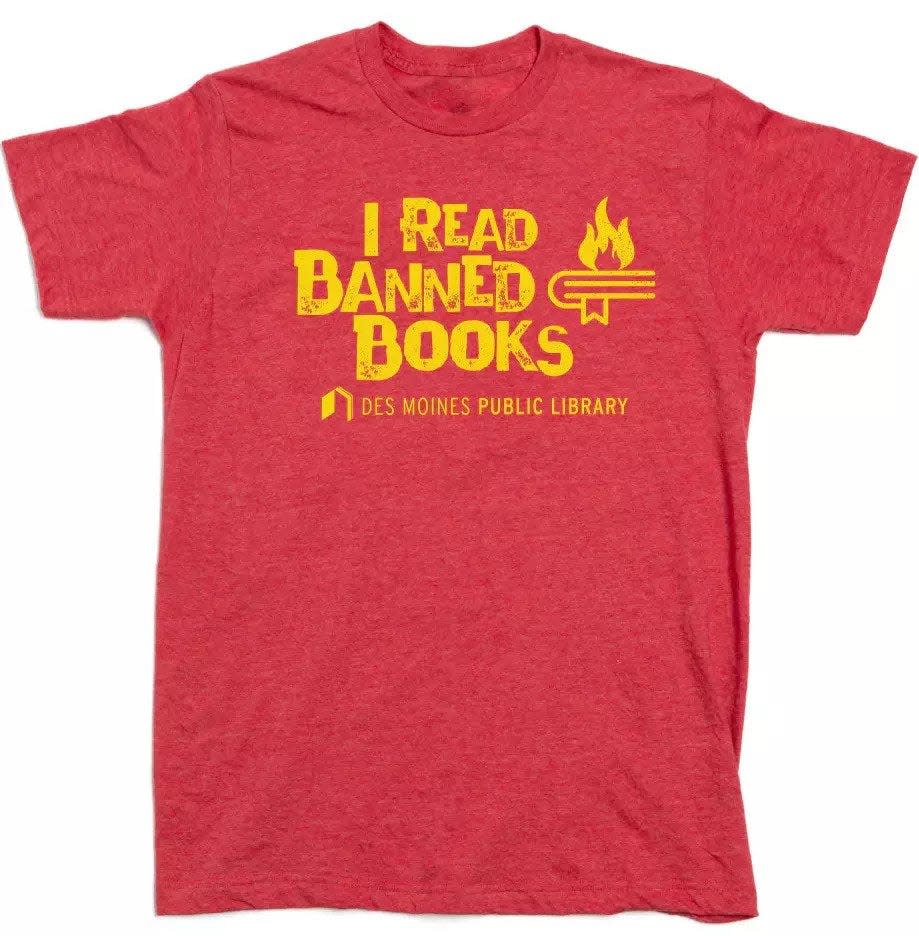 "I Read Banned Books" T-shirt is available through a partnership between Raygun and the Des Moines Public Library during Banned Books Week.
