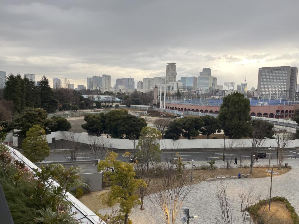 A view of the expanse of trees around Tokyo's Jingu Gaien area that are slated to be cut in order to build three skyscrapers in one of the city's most beloved park areas Saturday, Jan. 13, 2024. The controversial plan is facing strong opposition. (AP Photo/Stephen Wade)