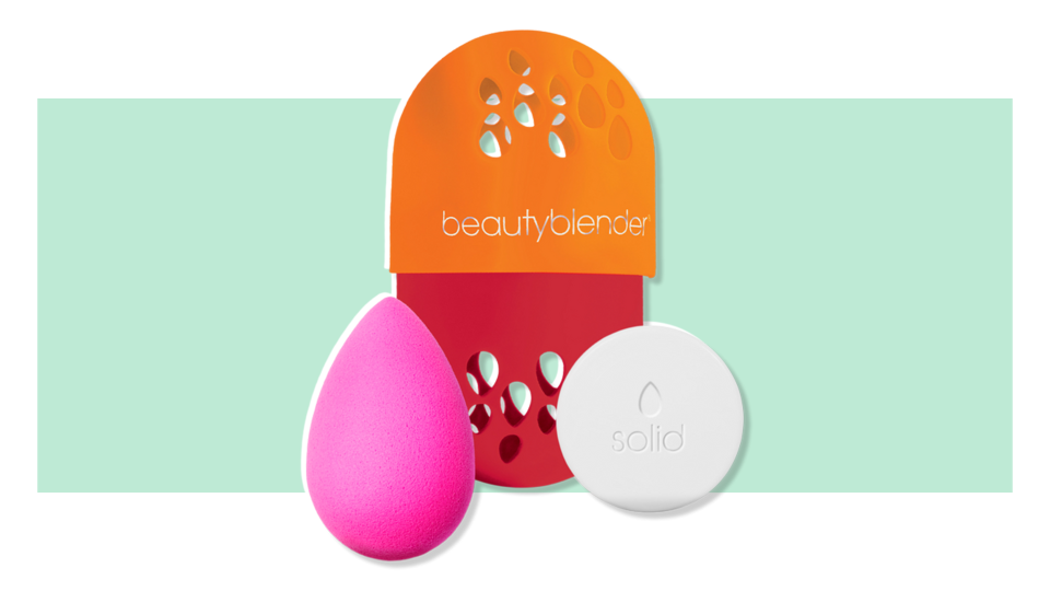 The BeautyBlender applies and smooths makeup.