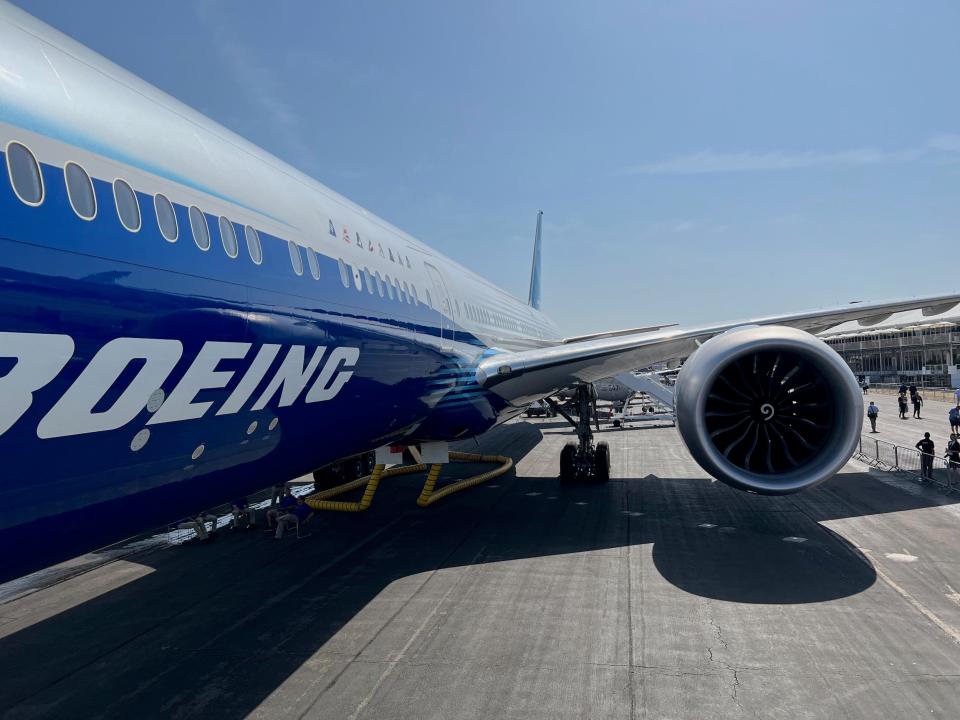 Boeing 777X Flight Test 1 aircraft at the Farnborough Air Show 2022.