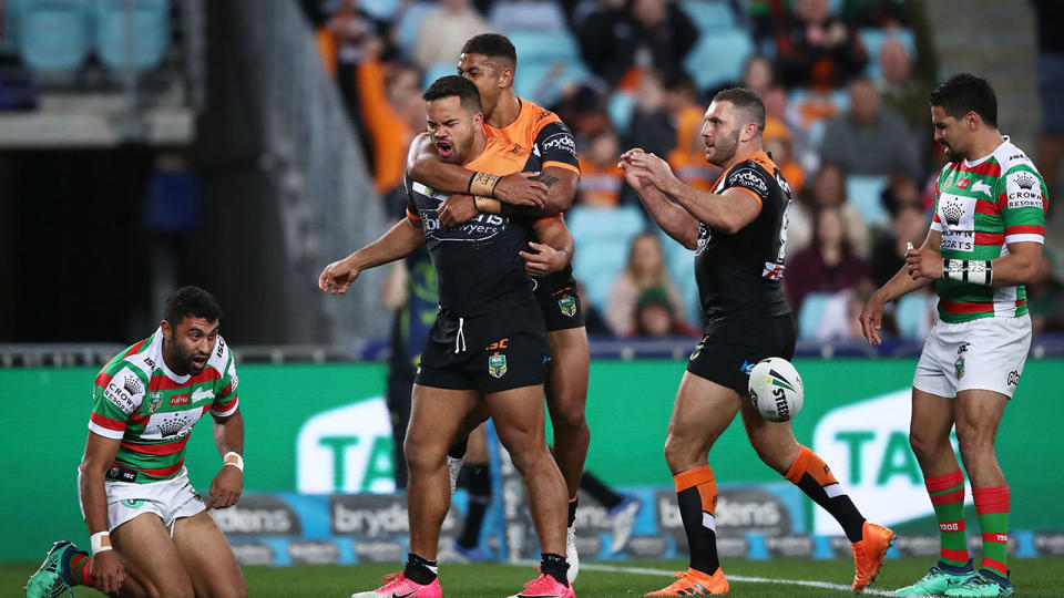 Marsters celebrates a try for the Tigers. Pic: Getty