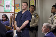 Russell Smith, 26, makes his initial court appearances in Henderson Justice Court Thursday, June 2, 2022, in Henderson, Nev. He is a suspect in a shooting between Hells Angels and rival Vagos bikers on Sunday on U.S. Highway 95 according to police. (K.M. Cannon/Las Vegas Review-Journal via AP)