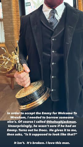 <p>Ryan Reynolds/Instagram</p> Ryan Reynolds poses with Hugh Jackman's Emmy